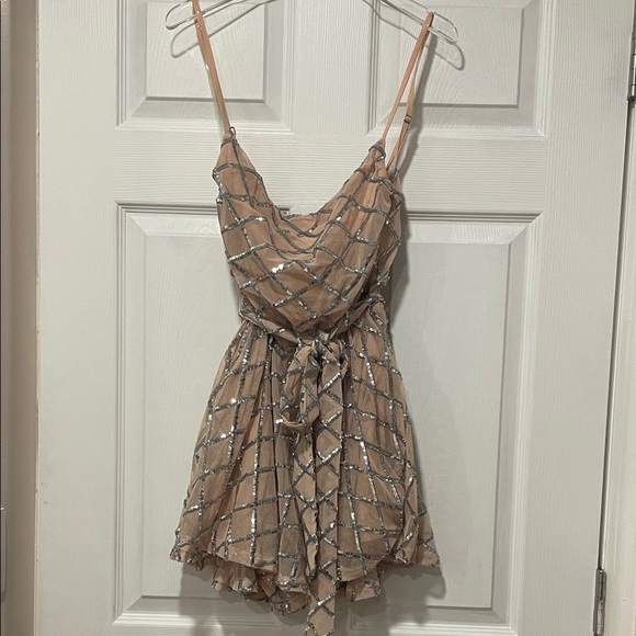 Just Me Pants - Just Me by VICI Tan and Silver Sequin Romper